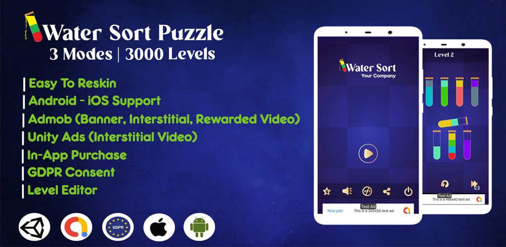 Water Sort Puzzle Unity Source Code - Admob+Unity Ads+3000 Levels
